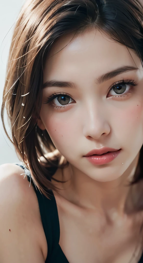 8K UHD、RAWphotograph、Model shoot、 (masterpiece、Highest quality、Photorealistic、High resolution、photograph:1.3)、Close-up、Focusing、Hot Model、slim、European、30 year old mature woman、Small face、short hair、Dark Brown Hair、fine beautiful eyes、Real肌、(perfect body)、Sexy hot face、Erotic、sexual sight、slim、fine beautiful eyes、Glossy lips、Small breasts、Small breasts、、Bust B cup、(Bright light、Dynamic Lighting、Real、超Real、Real、Realなディテール、Cool Beauty、Sexy pose、cool pose、Background gray、Plain grey background