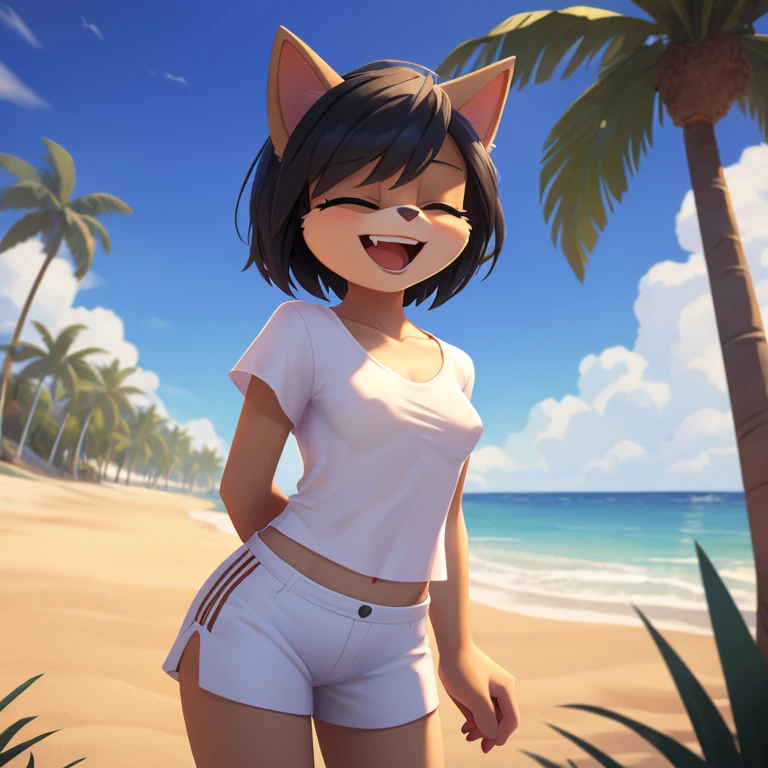 mobian cat, black fur, short hair, black hair, beach, female, 1girl, portrait, laughing, closed eyes, palm tree, grass, sand, standing, small breasts, silk shirt, white shirt, white shorts, arm behind back, Masterpiece, high quality, studio quality, intricate details, 4k, solo