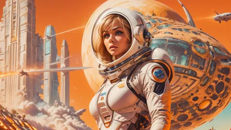 arafed image of a white woman in a futuristic suit with a spaceship in the background, movie art, in front of an orange backgrou...