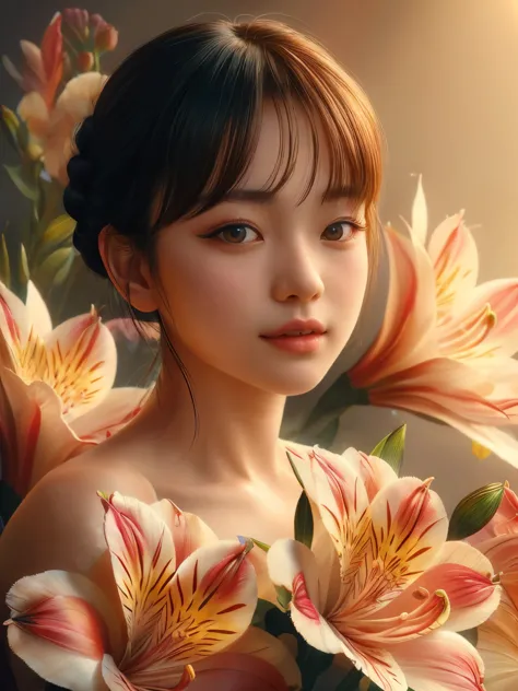 Hyper-realistic portrait of a Japanese girl with Alstroemeria flowers, intricate and detailed composition, close-up, shallow dep...