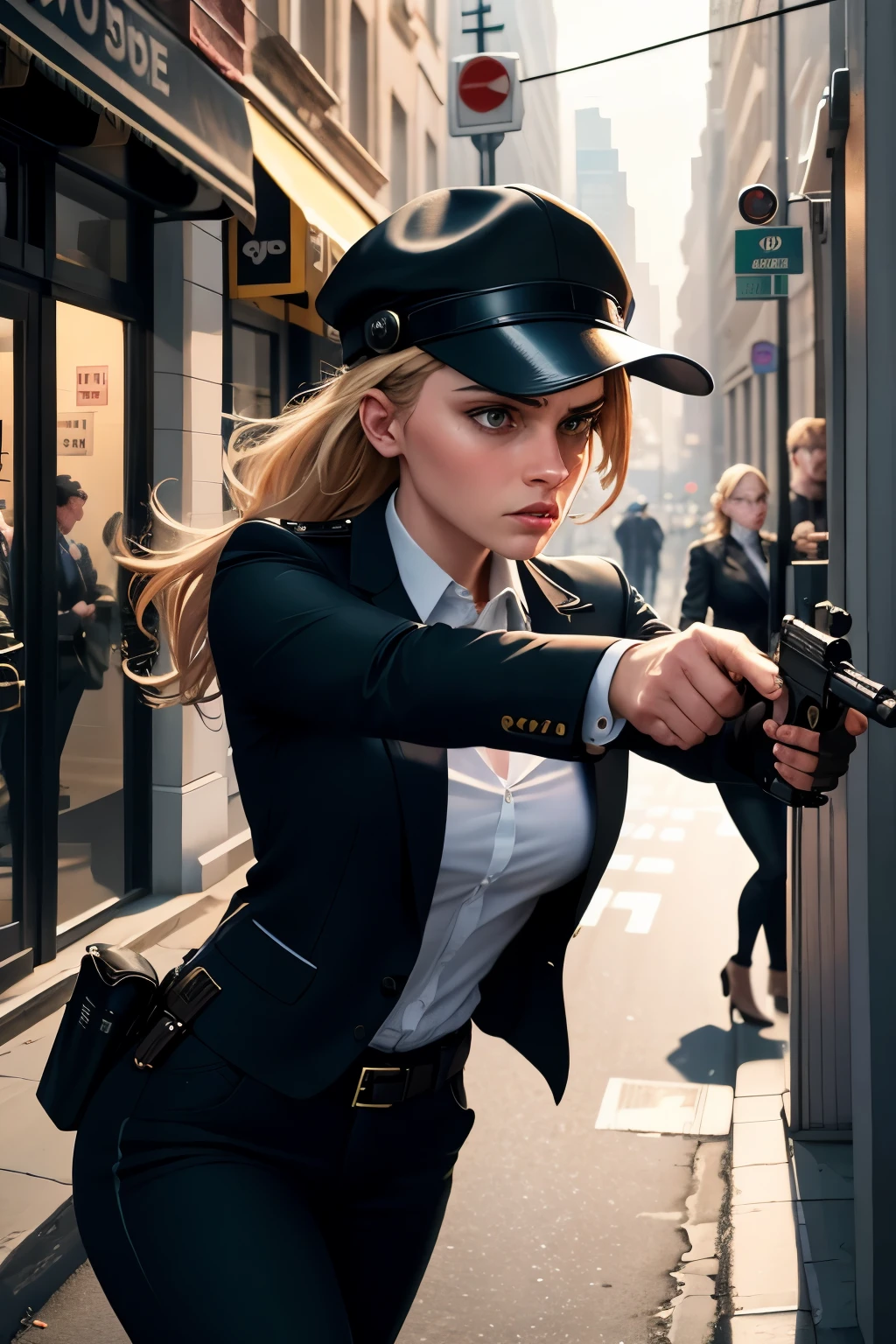 a girl police detective shoots her gun, bank robbery, street, bank exit, robbers, female detective shooting, a detective shooting her gun on the street outside a bank in an American or European city, capturing the thrilling moment of a bank robbery. The scene depicts the intense action as the female detective, dressed in a stylish yet professional attire, skillfully aims and pulls the trigger of her gun, revealing her determination and courage. bank robbery in an American or European city.