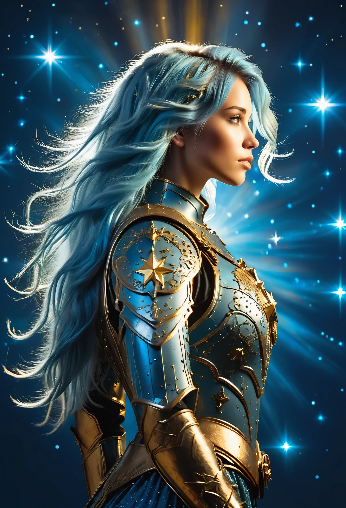 一個程式化的年輕白人女戰士 ((輪廓)) 由明亮的星星組成. 淺藍色凌亂長直髮. 直髮. 中世紀金色華麗盔甲. 宇宙背景.