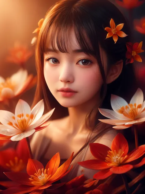 Hyper-realistic portrait of a Japanese girl with Bloodroot flowers, intricate and detailed composition, close-up, shallow depth ...