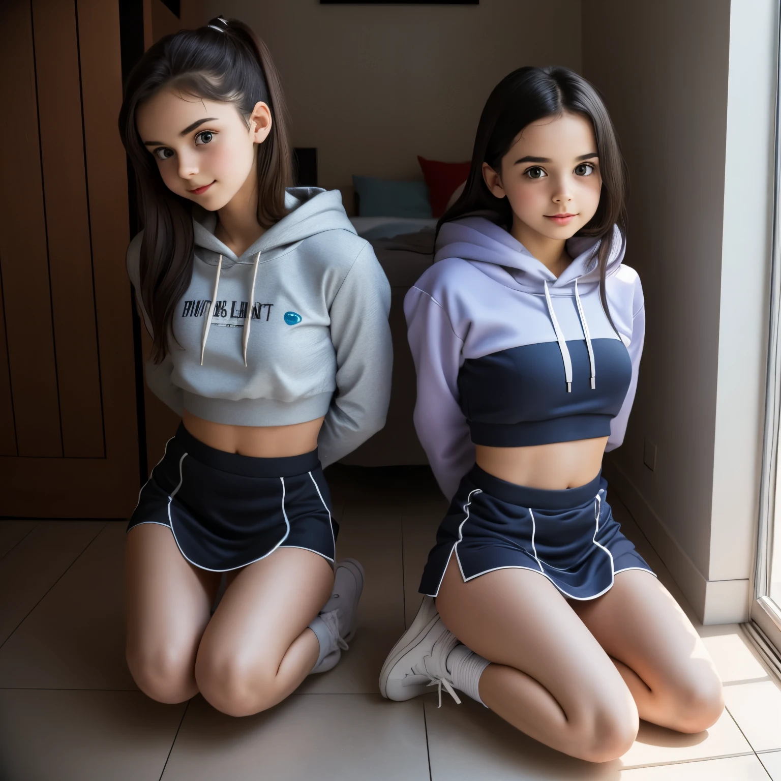 Two women sitting on the floor in matching outfits posing for a picture -  SeaArt AI