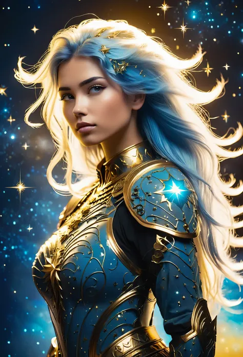 a stylized young caucasian woman warrior ((silhouette)) formed by bright stars. with straight long light blue messy hair. straig...