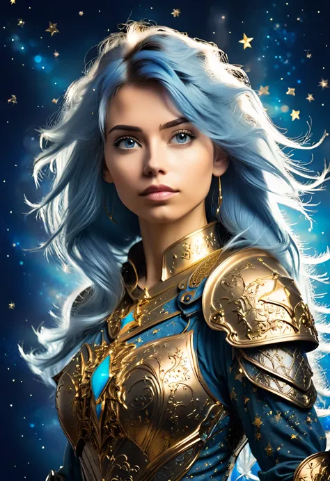 a stylized young caucasian woman warrior ((silhouette)) formed by bright stars. with straight long light blue messy hair. straig...