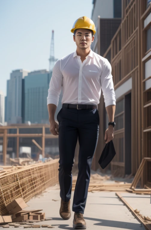 Man working at construction site、Only the head is shown from the waist、Handsome Japan Man、Wearing a safety helmet