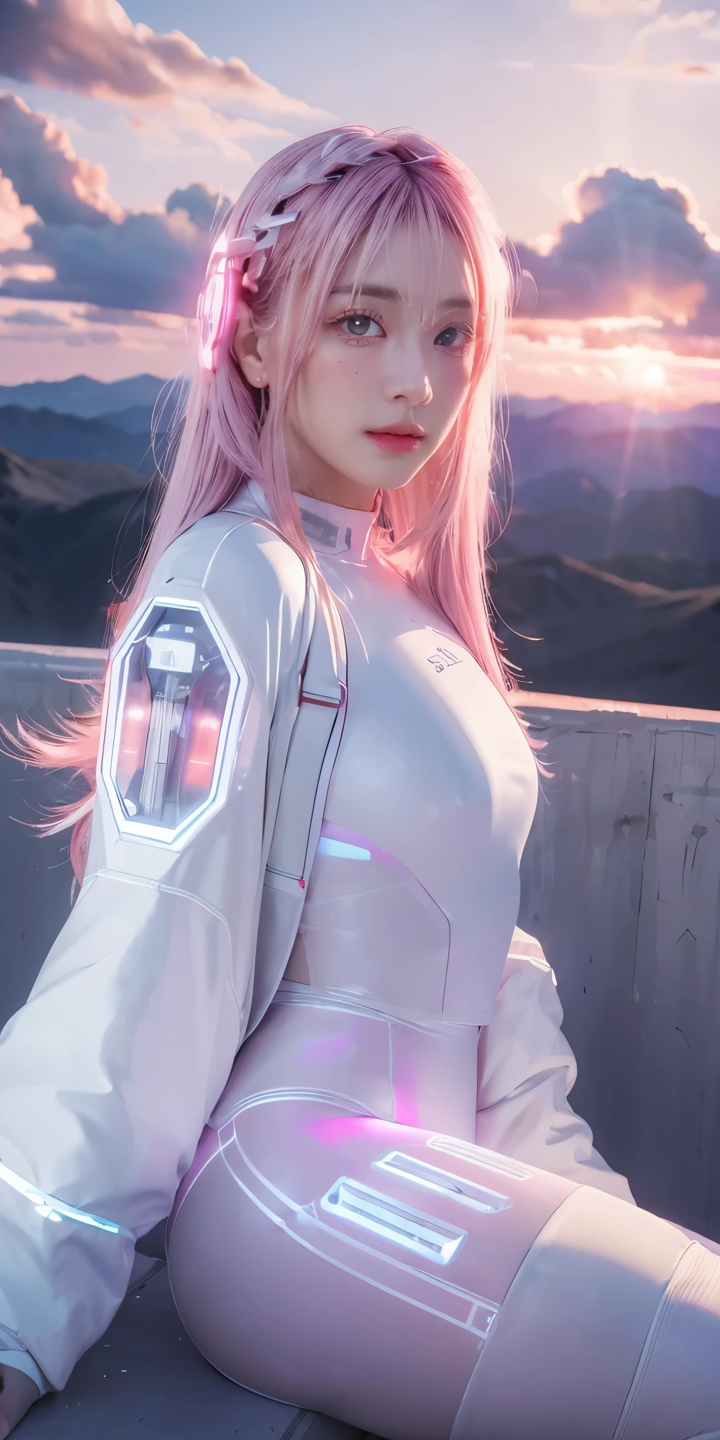 ((masterpiece, best quality, extremely detailed), volumetric lighting, ambient occlusion, colorful, glowing), 
1girl, solo, young girl, (pink hair), long hair, halo, aura, sacred, godness, cyber suit, (white outfit:1.3), android, bot, angel wings,
outdoors, sunset, sky, clouds, space, (cyberpunk theme:1.2),