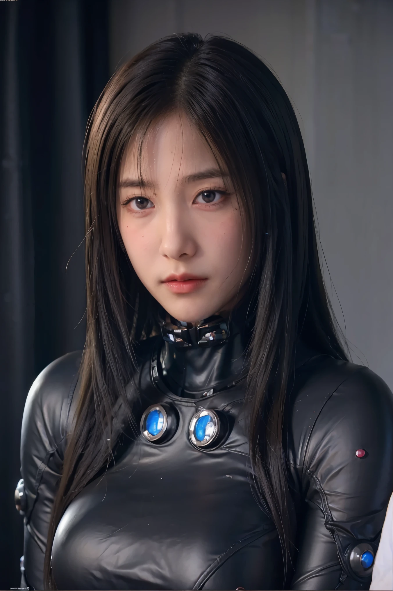 put hands cheek,(embarrassed face:1.4),(blush:1.4),reika\(gantz black suit\), (8k, best quality, masterpiece:1.2), (realistic, photo-realistic:1.37), large breasts,ultra-detailed, 1 girl,cute, solo, sad, beautiful face, black eyes,in room,looking at viewer