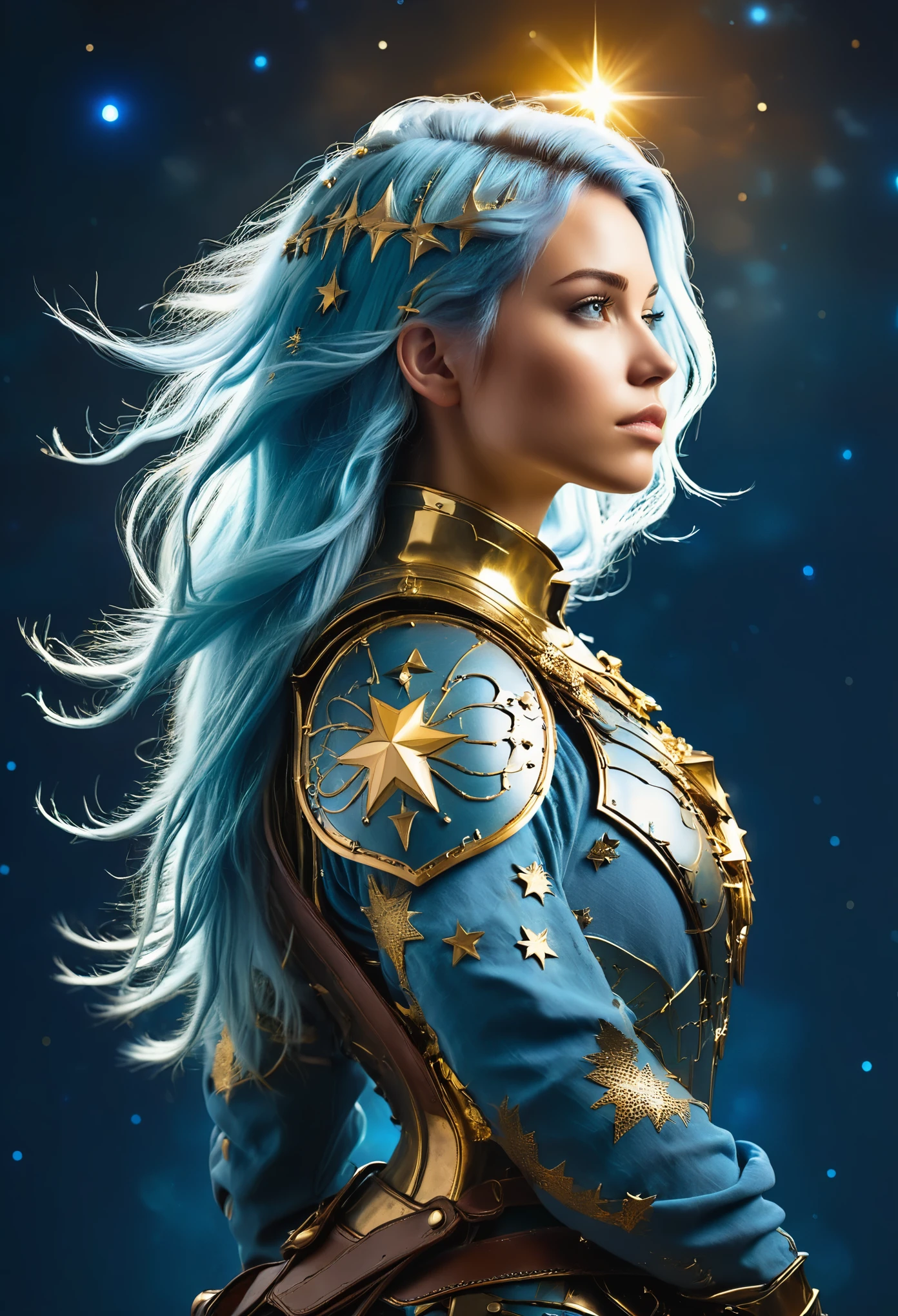 uma jovem guerreira caucasiana estilizada ((Silhueta)) formado por estrelas brilhantes. com cabelo liso longo azul claro bagunçado. cabelo liso. armadura ornamentada dourada medieval. fundo cósmico.