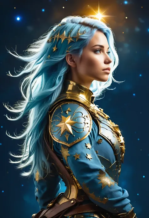 a stylized young caucasian woman warrior ((silhouette)) formed by bright stars. with straight long light blue messy hair. Straig...