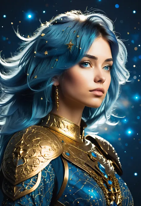 a stylized young caucasian woman warrior ((silhouette)) formed by bright stars. with straight long light blue messy hair. straig...