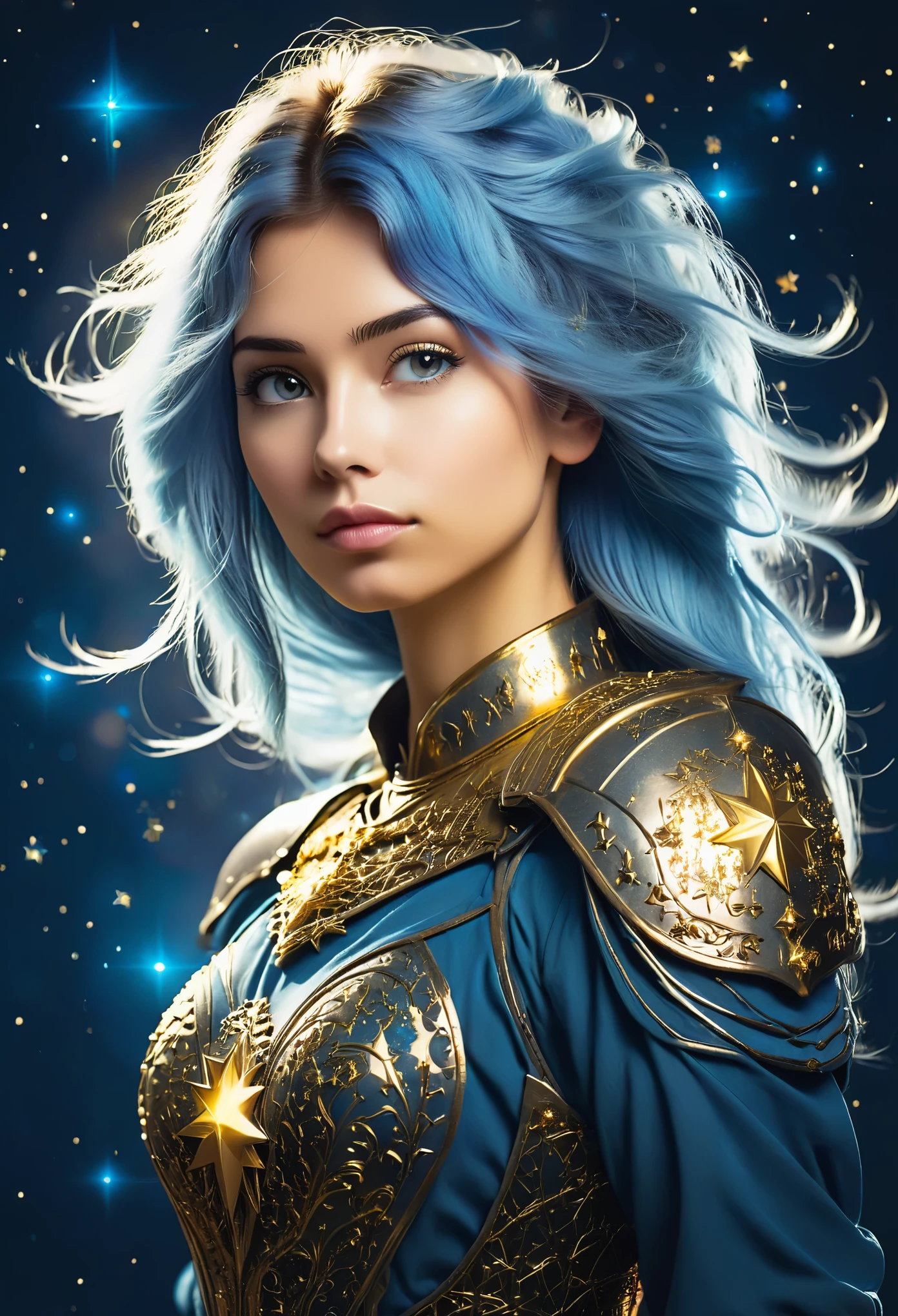 uma jovem guerreira caucasiana estilizada ((Silhueta)) formado por estrelas brilhantes. com cabelo liso longo azul claro bagunçado. cabelo liso. armadura ornamentada dourada medieval. fundo cósmico.