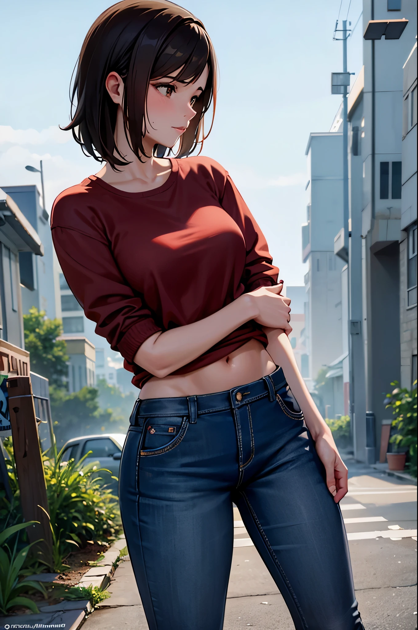 Anime girl in jeans and a red shirt posing on the street - SeaArt AI