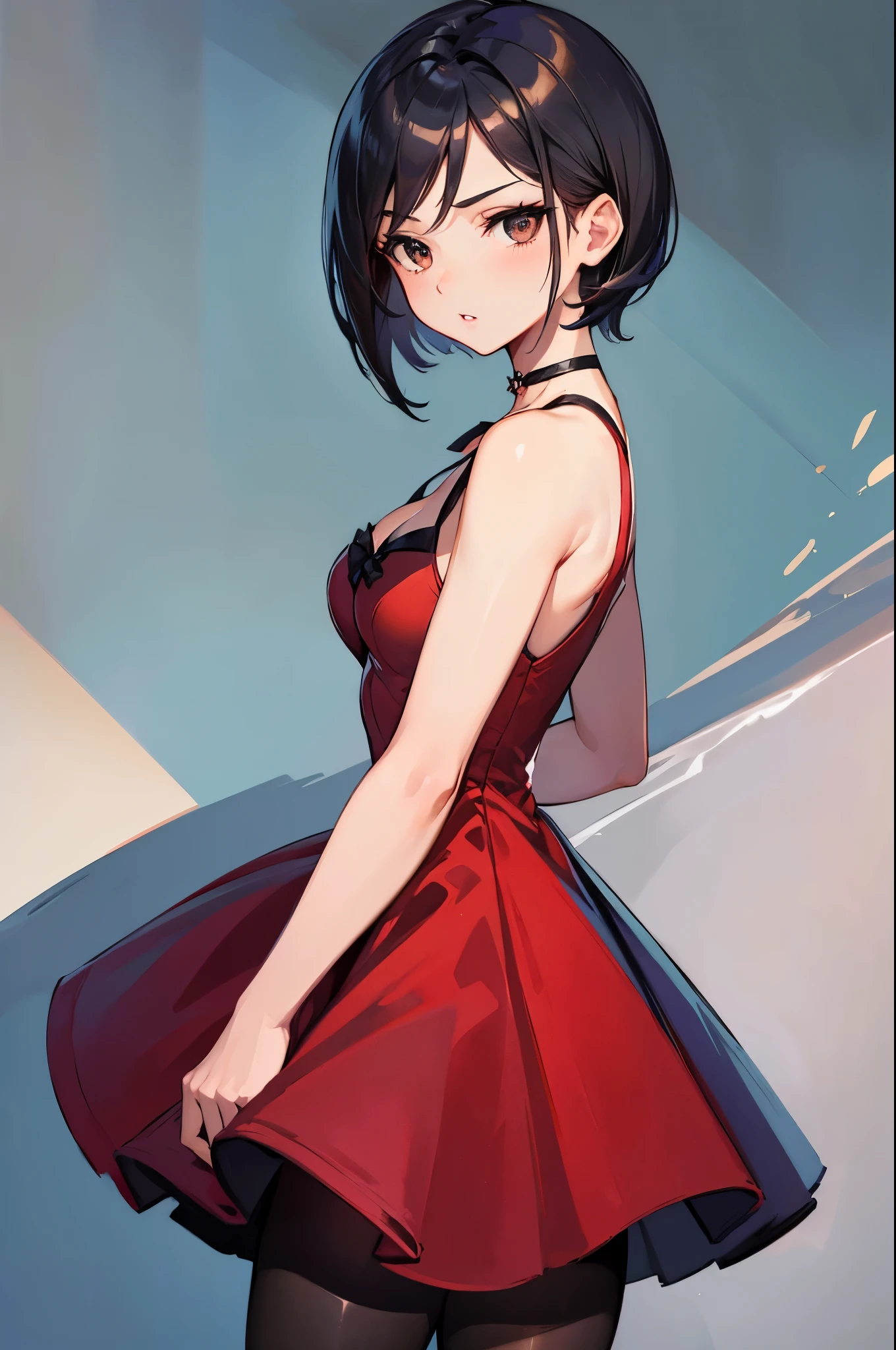 (masterpiece, best quality:1.2), expressive eyes, perfect face, highres, 1girl, solo, adadress, red dress, short dress, sleeveless dress, cleavage, choker, pantyhose, standing, parted lips, cowboy shot, looking at the viewer