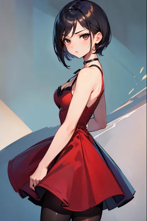 (masterpiece, best quality:1.2), expressive eyes, perfect face, highres, 1girl, solo, adadress, red dress, short dress, sleevele...