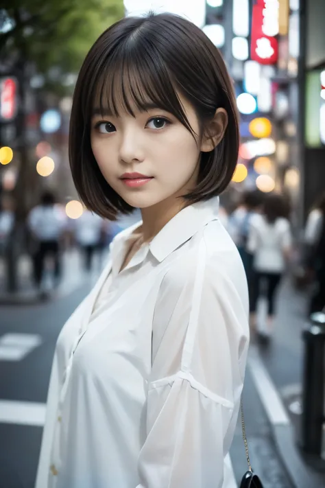 (((Tokyo:1.3, Daytime:1.2, Photographed from the front))), ((Medium Bob:1.3, Balanced style:1.2, White shirt, Japanese women, cu...