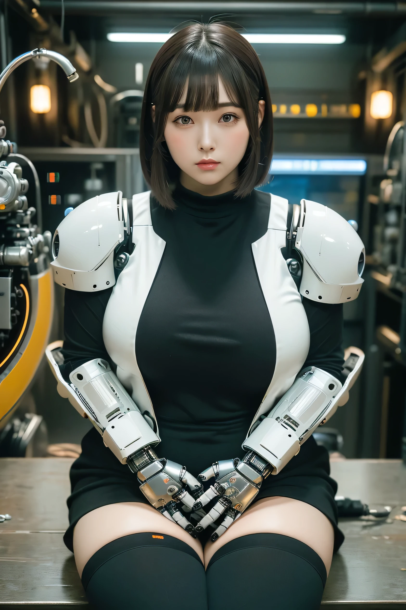 masterpiece, best quality, extremely detailed,portrait, Japanese android girl,Plump,a bit chubby,control panels,robot arms,robot,android,cyborg,white robot body,blunt bangs,robot repair plant,black knee high socks,