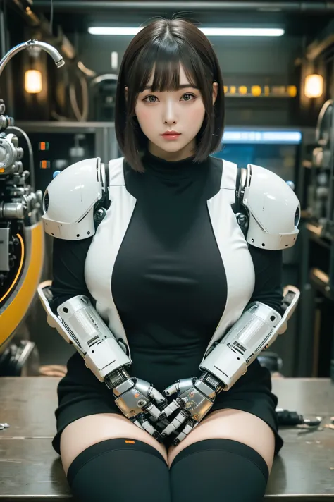 masterpiece, best quality, extremely detailed,portrait, Japanese android girl,Plump,a bit chubby,control panels,robot arms,robot...