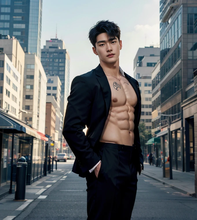 HOMEM COREANO, PEITO MUSCULAR, bulge , athletic physique, smirking, muscular naked man, muscular body in suit, slender, no body hair, wearing navy suit and tie, using smart phone, in a downtown street with skyscrapers background,Full Body Shoot, tattoo chest, tattoo arms, tattoo hands, Thin stature,detailed body, centered, symmetry, naked, long big dick masturbate, detailed corrected shape dick, open legs, juicy butts