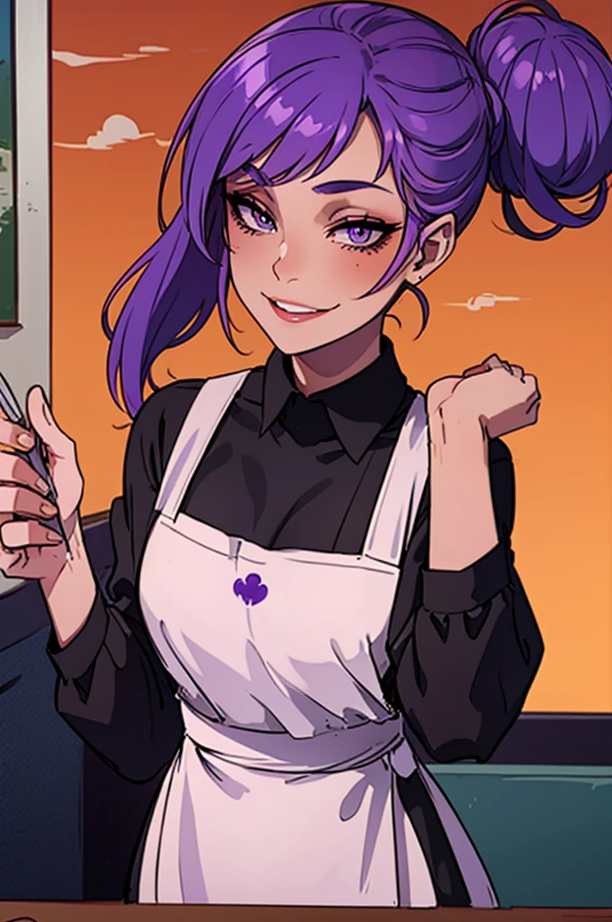 Masterpiece, best quality, 20 years old, college student, portrait, portrait style photo, female, dark sun tan skin, face in center of photo,  excited expression, black long sleeve shirt with white apron, short, young, coffee cup,eyes winking, big smile,no make-up, barista, peach lips, space bun hair, pastel purple hair, cafe landscape, purple eyes, cute