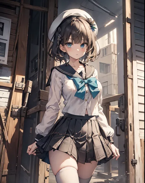 masterpiece, 1girl, sparrow, a black haired girl, wearing a white sailor clothes, curly short hair, messy hair, slim body, he cl...