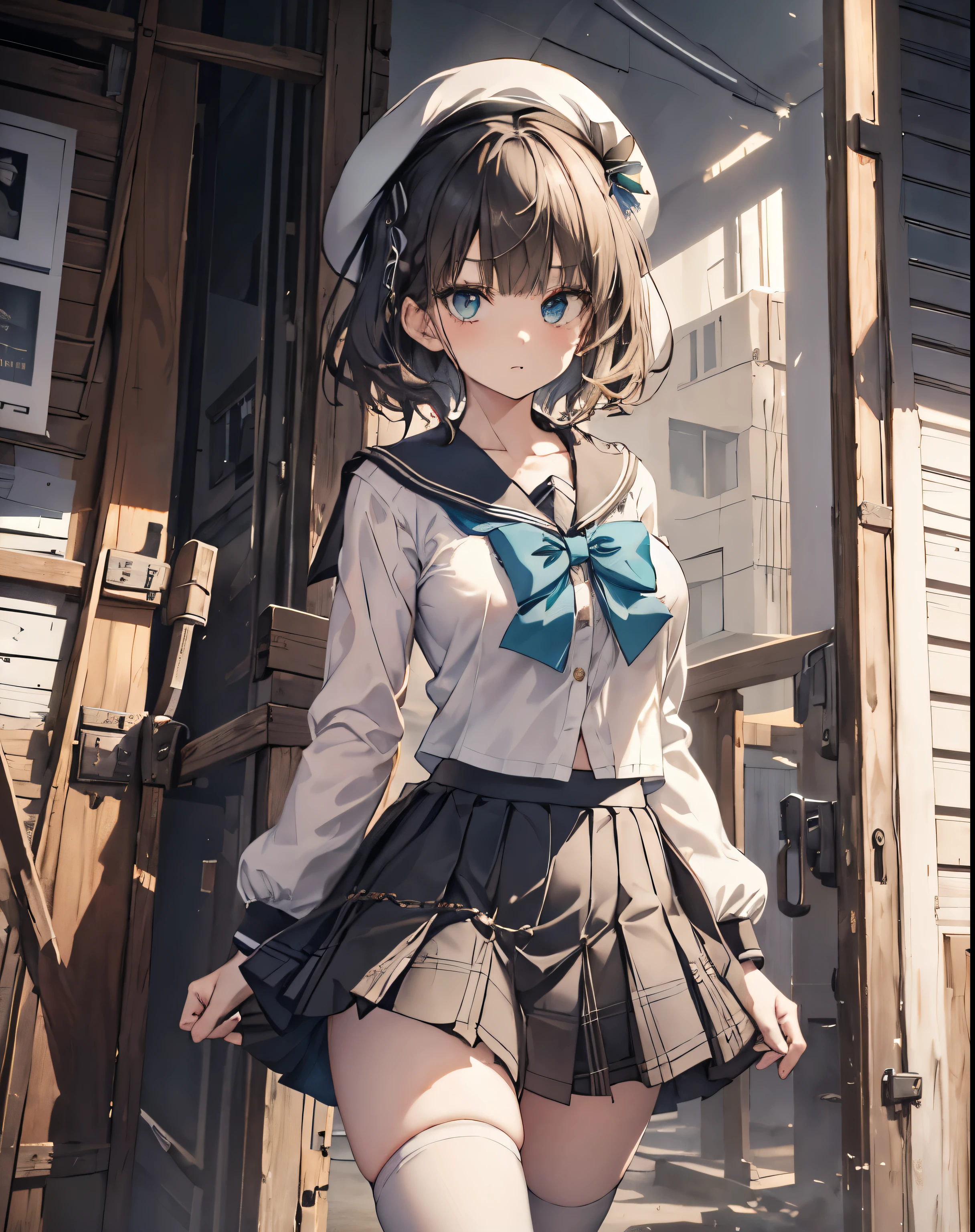 masterpiece, 1girl, sparrow, a black haired girl, wearing a white sailor clothes, curly short hair, messy hair, slim body, he close her left eye, shirt ornament, aqua eyes, sho show her back, ahoge, baby face, big breast, beautiful breasts, rounded breasts, braid hair, beret, long sleeves, beautiful eyes, white stocking, droopy eyes, miniskirt, black skirt, plaid skirt, her age is 19 years old, beret, angry, bowtie, sailor collar, pleated skirt