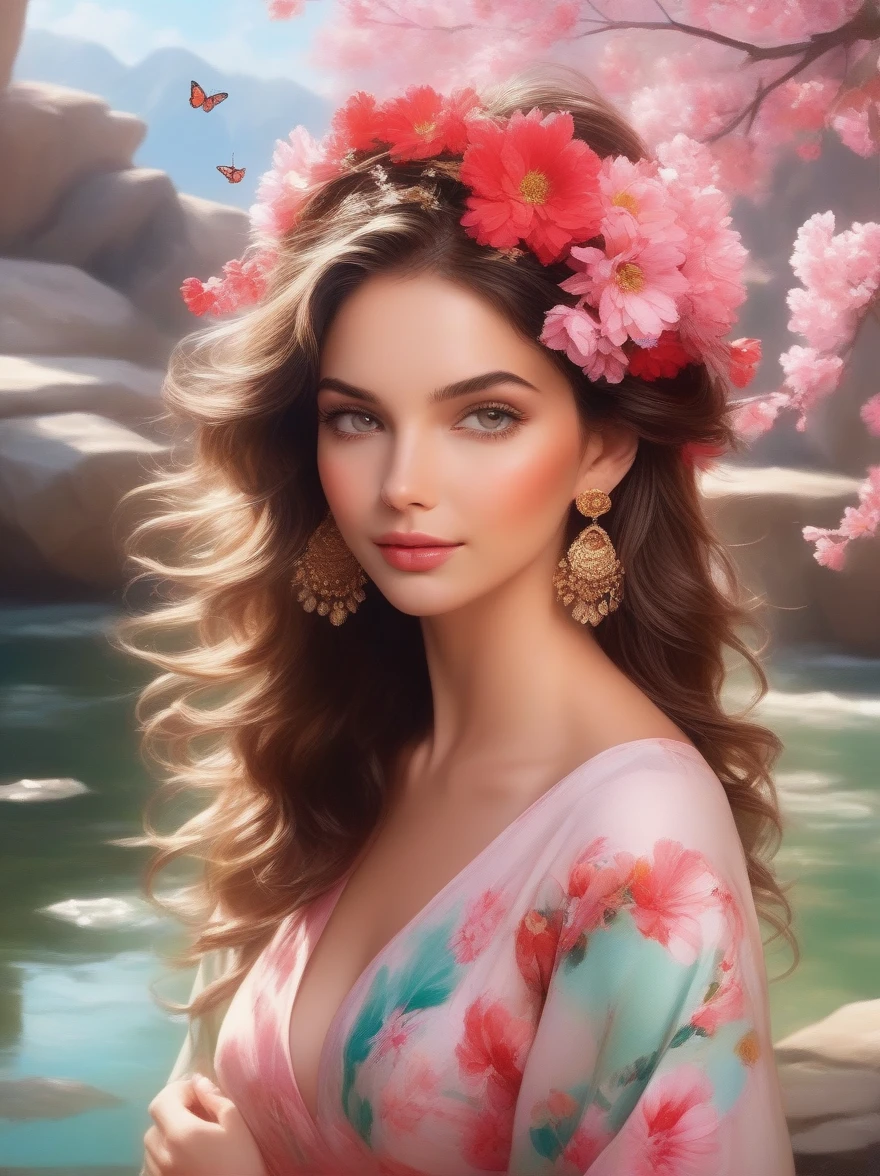 Detailed description of the visual element，The color palette is a mix of soft pastels and vibrant spring colors like green.，pink color，This combination evokes blooming flowers and fresh foliage.，Perfect for spring theme，High-quality images integrated into salon interiors，Peaceful environment，Girl standing on the water，Water splashes on the floor of the girl，Some stones have flowers on them，exudes fragrance，Includes before and after photos of customers who received spring makeovers，To highlight the salon&#39;s services，Use elegant script fonts for titles to convey elegance，And use a modern sans serif font for body text，To ensure readability and modernity， Dark Brown Curly Hair，Wearing a bright red salwar suit，focus，Close Range，Watch，Close your eyes，Surround her with spring graphics，For example, flowers and butterflies，Symbolizes the changing seasons and the essence