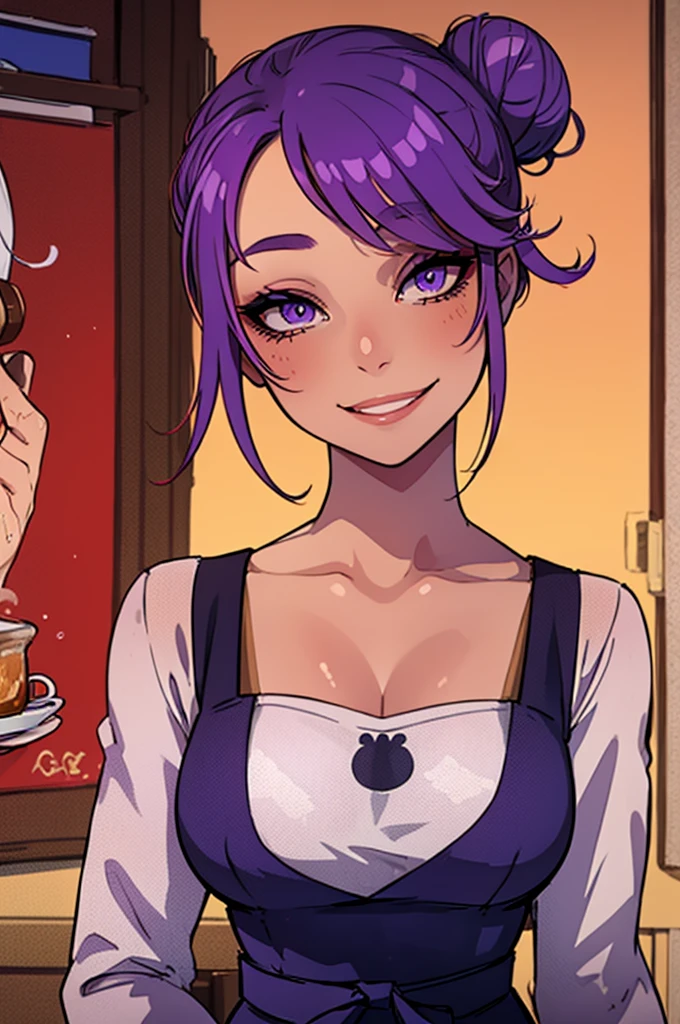 Masterpiece, best quality, 20 years old, college student, portrait, portrait style photo, female, dark sun tan skin, face in center of photo,  excited expression, black long sleeve shirt with white apron, short, young, coffee cup,eyes winking, big smile,no make-up, barista, peach lips, space bun hair, pastel purple hair, cafe landscape, purple eyes, cute