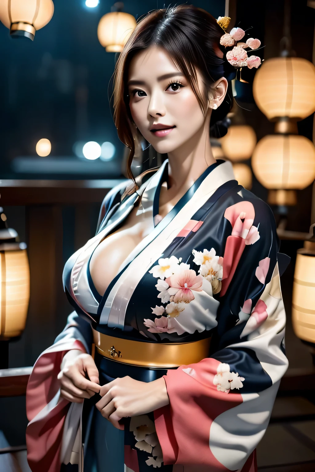 (((Gorgeous courtesan kimono:1.7))),(Beautiful mature woman in a noble courtesan kimono),(((Flashy and extravagant courtesan attire:1.3))),(Glamorous Jar)(Gorgeous floral hair ornament),Gorgeous floral braided top knot,(Very delicate and beautiful hair,),(((Accentuate larger breasts:1.3))),Fireworks shooting up into the sky against the backdrop of the riverbank at night.、Cute round face,Detailed garment features,Detailed hair features,Detailed facial features,Looking at the camera,(Dynamic Angle),(Dynamic and sexy pose),Cinematic Light,(Ultra-high resolution output images,Written boundary depth,Intricate details,Light and shadow contrast、The subject appears three-dimensional,) ,Single-lens reflex camera, (Realistic:1.3),(8K quality,Anatomically correct facial structure,),(SeaArt 2 Mode:1.3),(Picture Mode Ultra HD,)