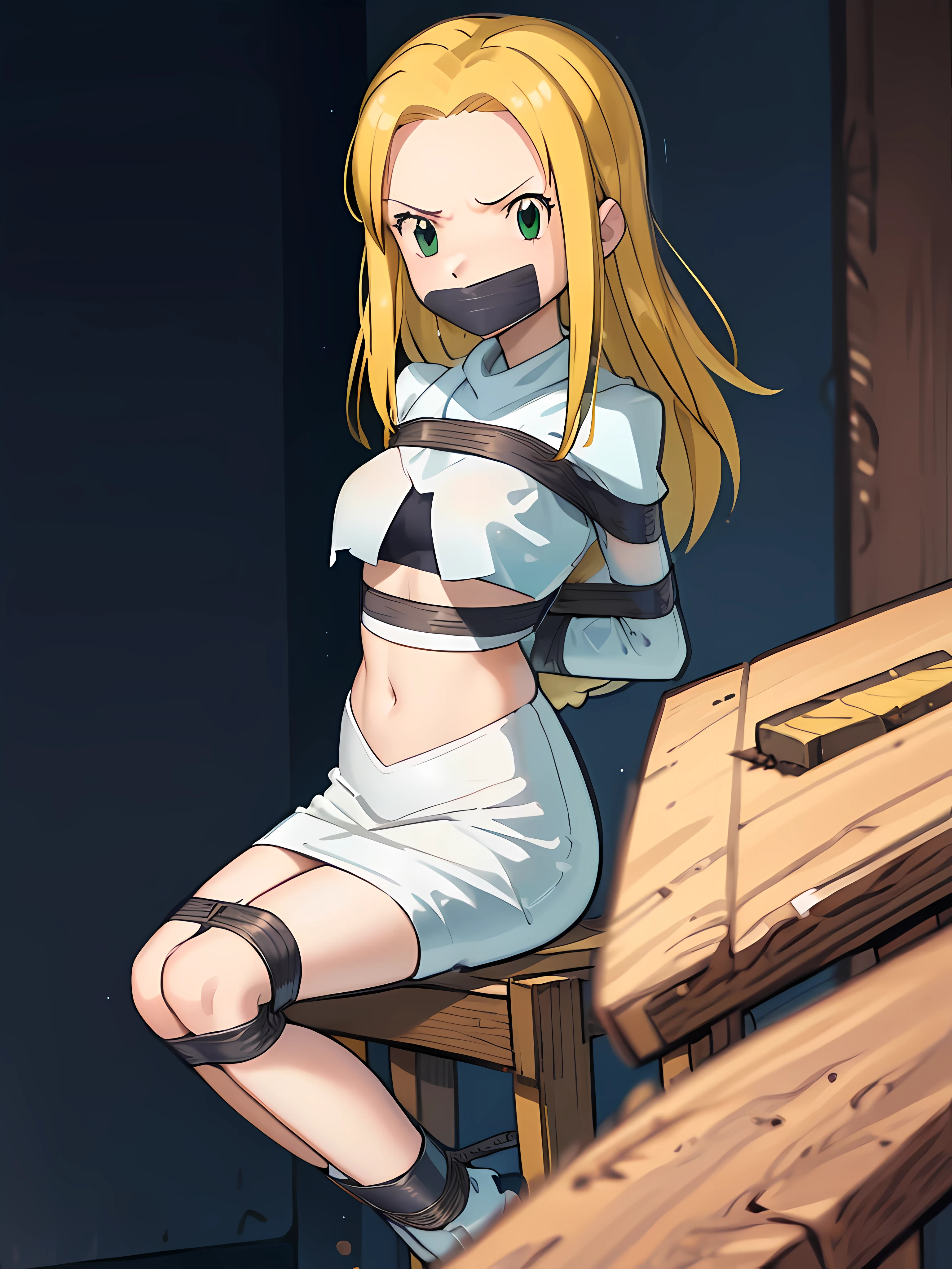 Anime girl with tied up breasts sitting on a chair - SeaArt AI