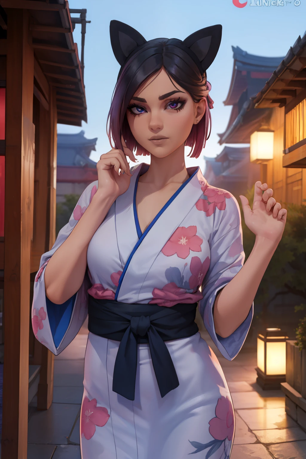 линия , японское платье юката ночной пейзаж ,чрезвычайно подробный, Детальное лицо,красивое лицо, прекрасные глаза, Глядя на зрителя, женственная поза.