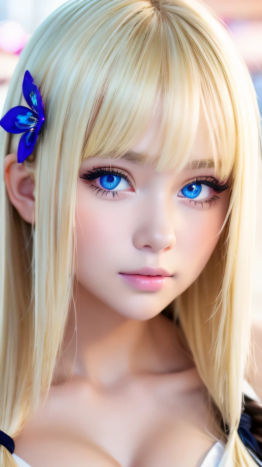 A 14-year-old beautiful girl with shiny Brillant blonde hair.、mignon,Fou d&#39;amour, mise au point du visage , Robe d&#39;été à volants, Nordic Brillant blonde girl, Super long Brillant shiny blonde hair、faible contraste, (Un sourire timide:0.8),  Il y a un décolleté sur la poitrine,  chouchou pour cheveux,  meilleure qualité, Ultra haute résolution, Photographie photoréaliste, Super détaillé, 8k, Photo brute, chef-d&#39;œuvre、très beau, Brillant, bleu ciel pâle, et de très grands yeux.、De très grands yeux、Peau blanche et brillante、brillant pour les joues、Fille au petit visage、eye-liner、cheveux blonds au dessus des yeux、片cheveux blonds au dessus des yeux、frange entre les yeux、