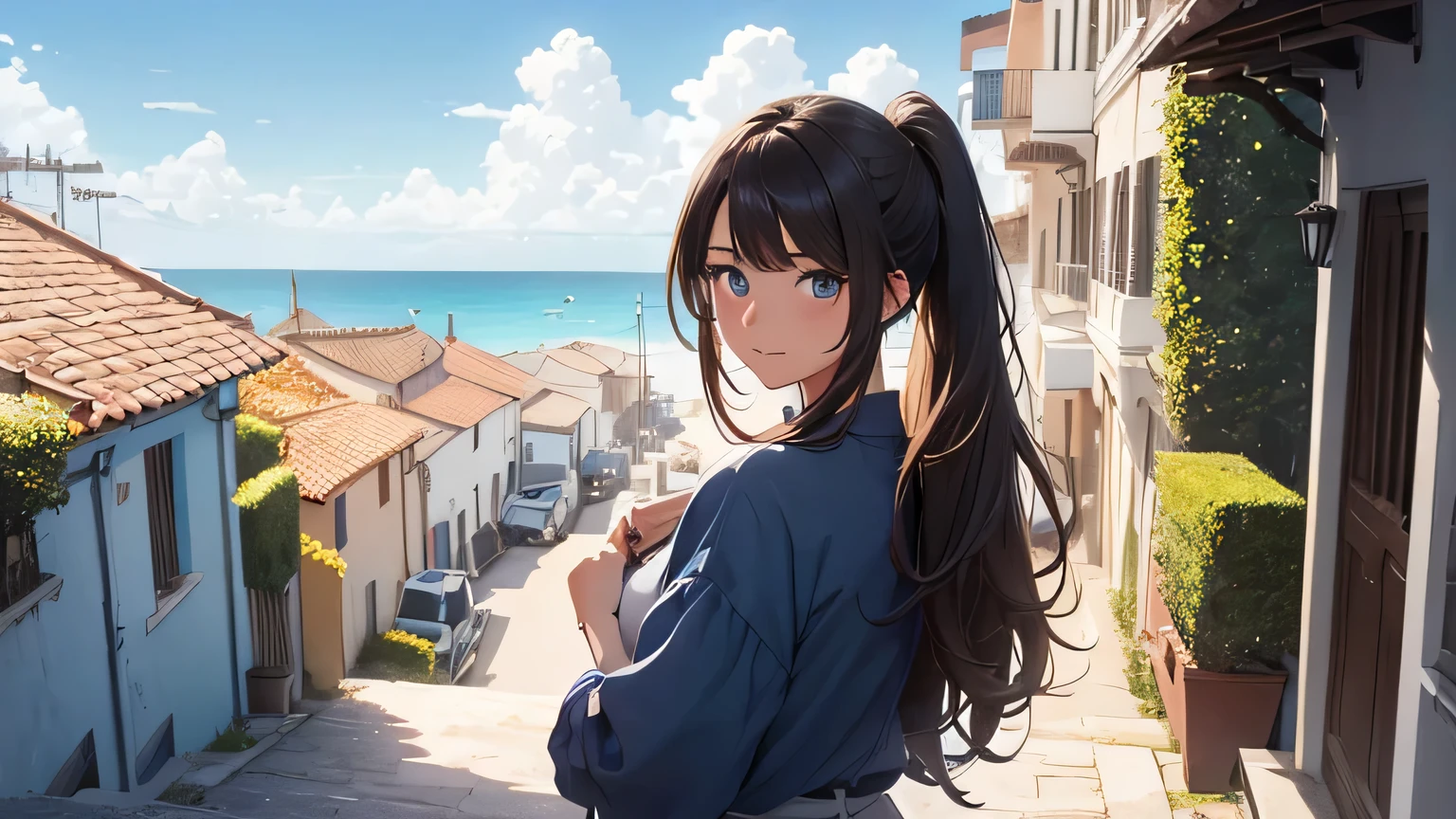 (8k, RAW photo, Best Quality, (Masterpiece, super high quality, super detailed), anime style landscape, (((Random hair colors))), young girl, Absolute, scarlet sails, girl looking at the sea from the coast, camera looking at the sea, intricate details, sailing ship with scarlet sails, A scene from a novel by Alexander Greene. "scarlet sails" A beautiful women posing for a photograph in an alley, brown ponytail, hits, happy laugh, Blue eyes, muscular lean body, perfect anatomy, Looking to the camera, Time of the day, blue sky, animated style, outdoor, trend on Artstation, Oh!, very sensual sakimichan, with original clothing full body, very realistic, extremely realistic, extremely sexy, 8k, Extremely detailed 8k), (an extremely delicate and beautiful), (Masterpiece), (Best Quality: 1.0), (ultra high resolution:1.0)
