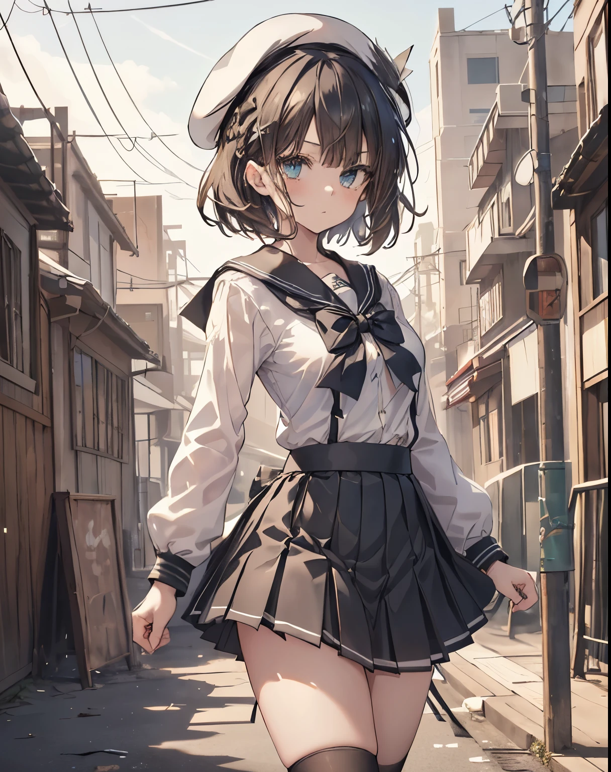 masterpiece, 1girl, sparrow, a black haired girl, wearing a white sailor clothes, very short hair, messy hair, slim body, he close her left eye, shirt ornament, aqua eyes, sho show her back, ahoge, baby face, big breast, beautiful breasts, rounded breasts, braid hair, beret, long sleeves, beautiful eyes, white stocking, droopy eyes, miniskirt, black skirt, plaid skirt, her age is 19 years old, beret, angry, bowtie, sailor collar, pleated skirt, 