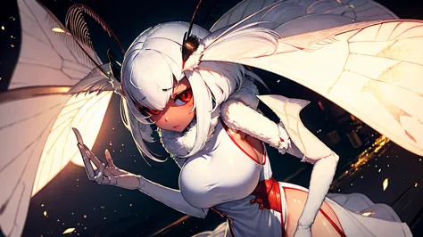moth Neck hair hairy antenna insect four hands white fur four big breasts Breast expansion red eye white wings insect girl dark ...