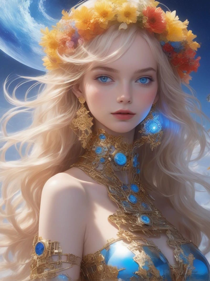 (((covered in flowers))), (1girl), blue eyes, night sky, robot joints, (raw flesh:1.3), [blonde hair:3] faize, fire and ice, (image split in half with multiple colours), ((cogs attached to body:1.1)), gold plates, blue eyes, sapphire, liquid metal, night sky, (looking at an angle:1.3), (fire and ice), ((ral-chrome)), [hair bow:2], [forest:3], [fog:3]