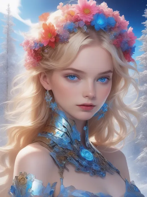 (((covered in flowers))), (1girl), blue eyes, night sky, robot joints, (raw flesh:1.3), [blonde hair:3] faize, fire and ice, (im...