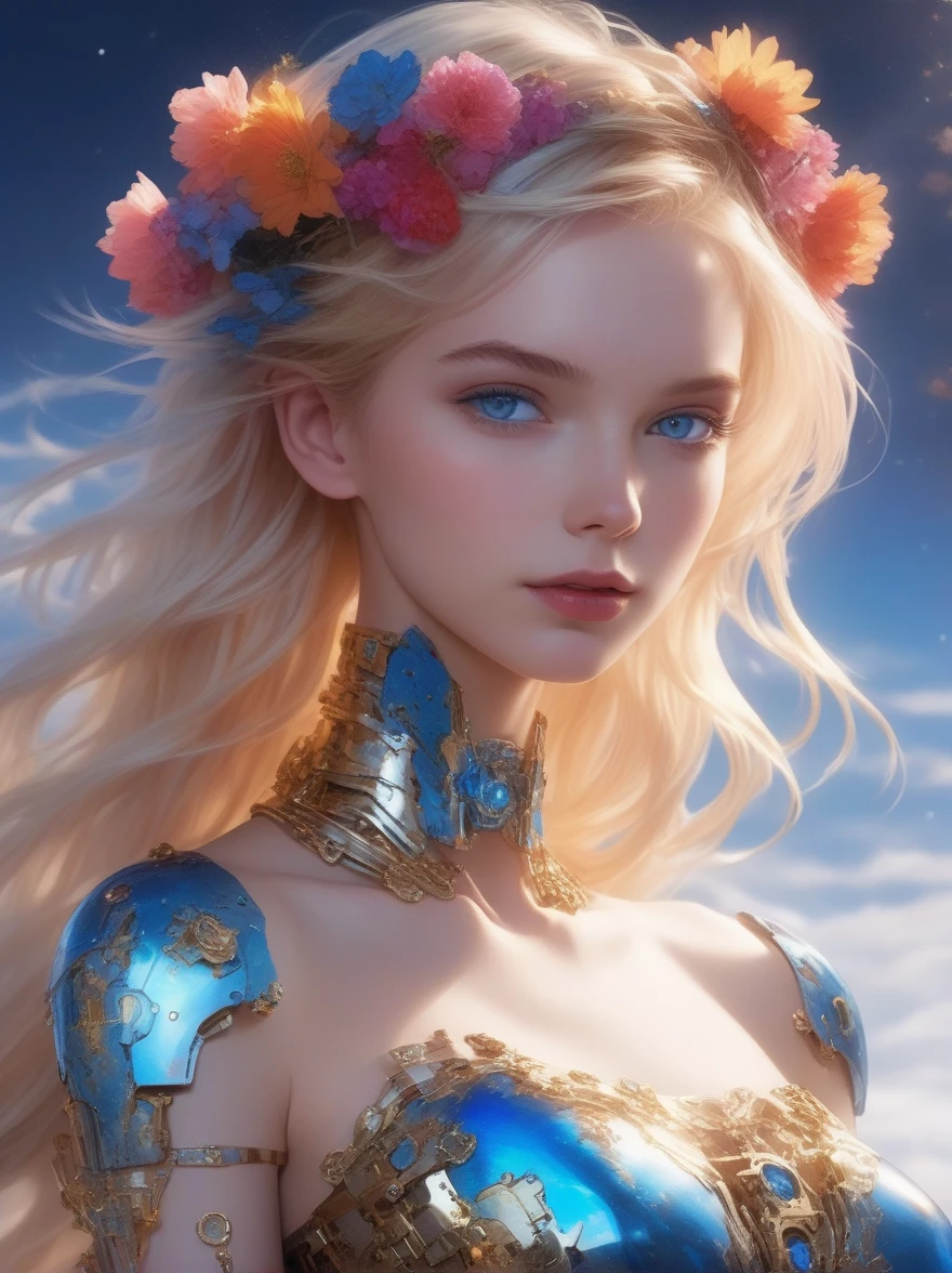 (((covered in flowers))), (1girl), blue eyes, night sky, robot joints, (raw flesh:1.3), [blonde hair:3] faize, fire and ice, (image split in half with multiple colours), ((cogs attached to body:1.1)), gold plates, blue eyes, sapphire, liquid metal, night sky, (looking at an angle:1.3), (fire and ice), ((ral-chrome)), [hair bow:2], [forest:3], [fog:3]