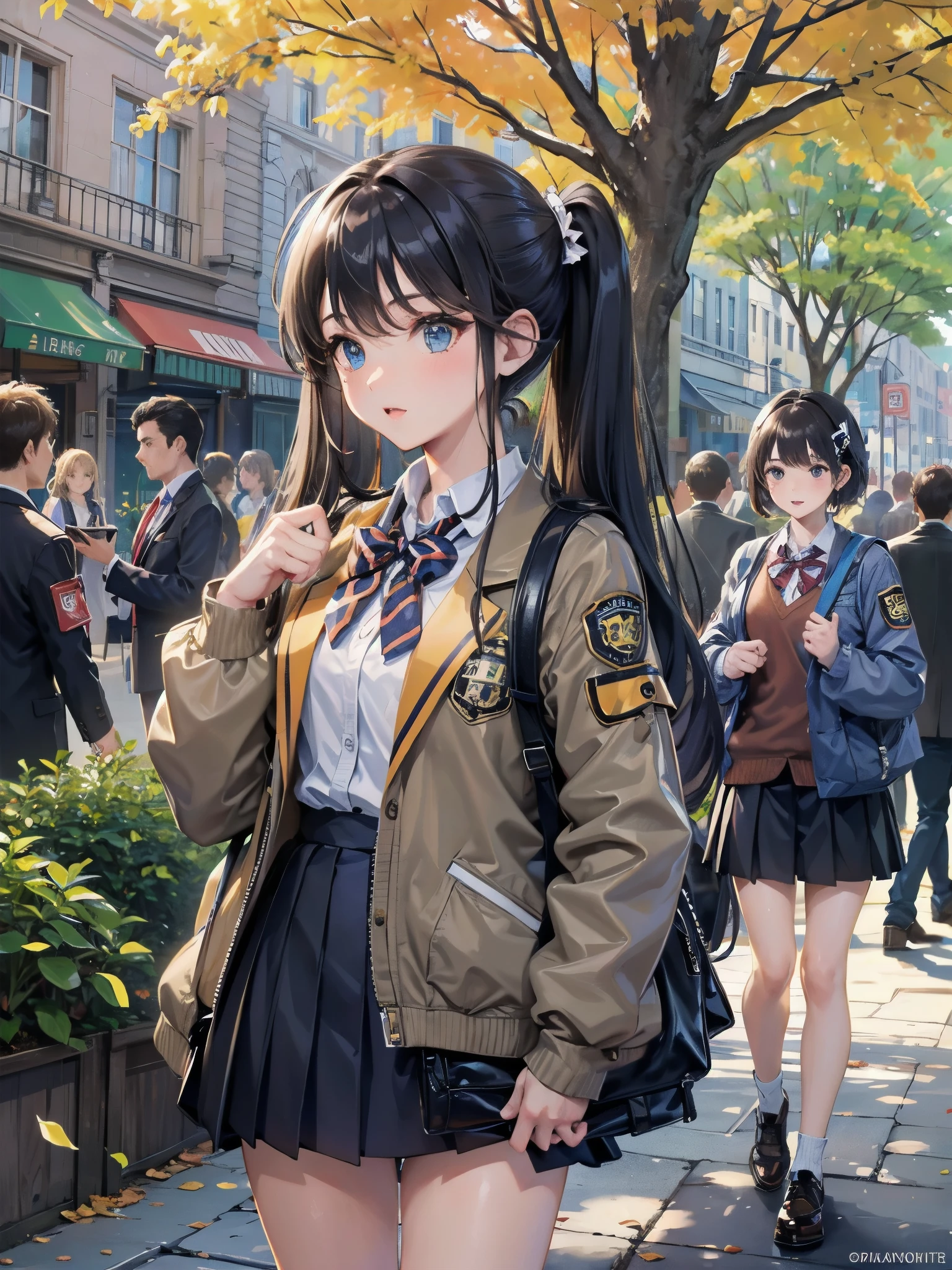 One girl, spring, high school, , warm colours, schoolbag, accurate and very detailed background, crowd of schoolgirls in uniform with various body shapes and hairstyles, cute.
