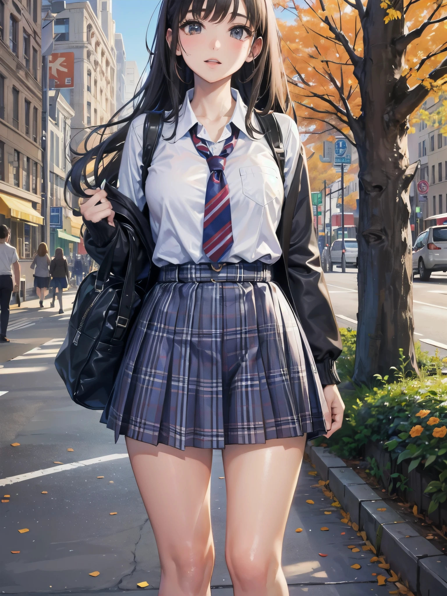 One girl, spring, high school, , warm colours, schoolbag, accurate and very detailed background, crowd of schoolgirls in uniform with various body shapes and hairstyles, cute.
