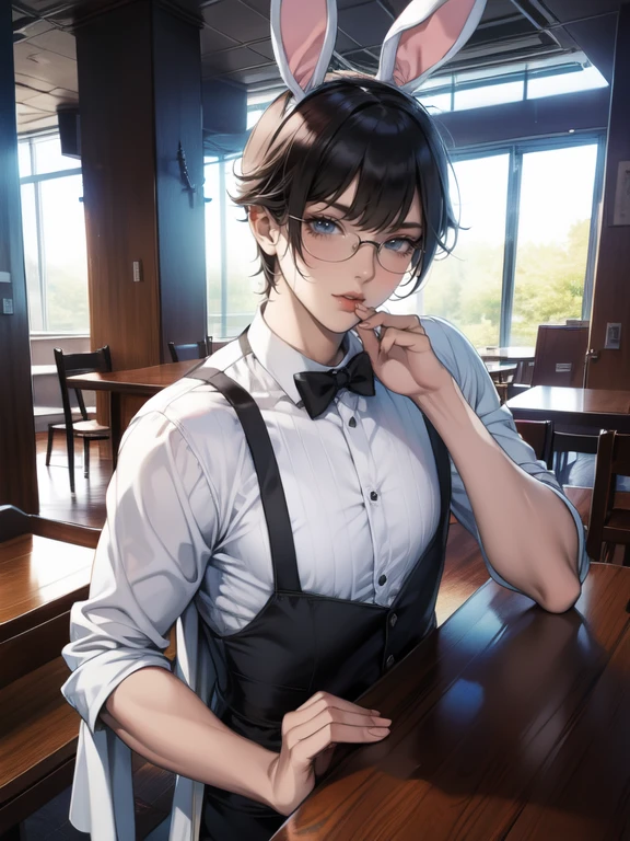 An absurd solution, High resolution, (masterpiece: 1.4), Super detailed, Young Man、Messy black hair、Short Hair、Glasses、welder、Dress up, highly technical robot arm workbench、cute (Bunny ears) which one (Bunny ears)