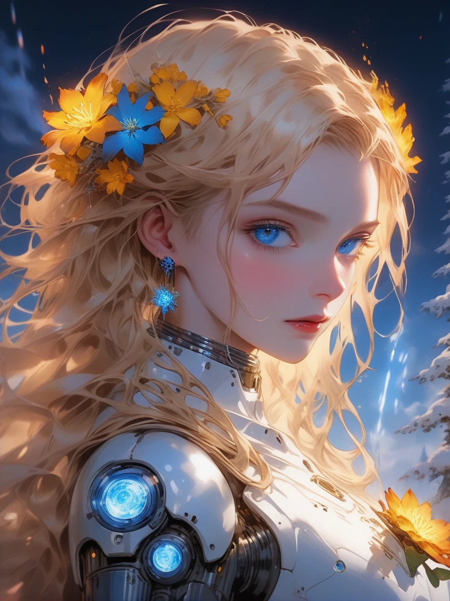 (((covered in flowers))), (1girl), blue eyes, night sky, robot joints, (raw flesh:1.3), [blonde hair:3] faize, fire and ice, (image split in half with multiple colours), ((cogs attached to body:1.1)), gold plates, blue eyes, sapphire, liquid metal, night sky, (looking at an angle:1.3), (fire and ice), ((ral-chrome)), [hair bow:2], [forest:3], [fog:3]