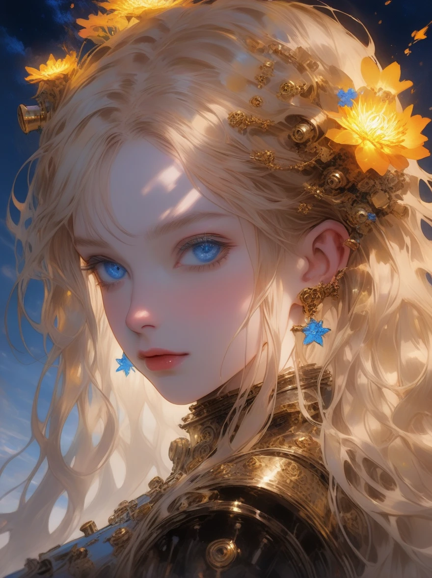 (((covered in flowers))), (1girl), blue eyes, night sky, robot joints, (raw flesh:1.3), [blonde hair:3] faize, fire and ice, (image split in half with multiple colours), ((cogs attached to body:1.1)), gold plates, blue eyes, sapphire, liquid metal, night sky, (looking at an angle:1.3), (fire and ice), ((ral-chrome)), [hair bow:2], [forest:3], [fog:3]