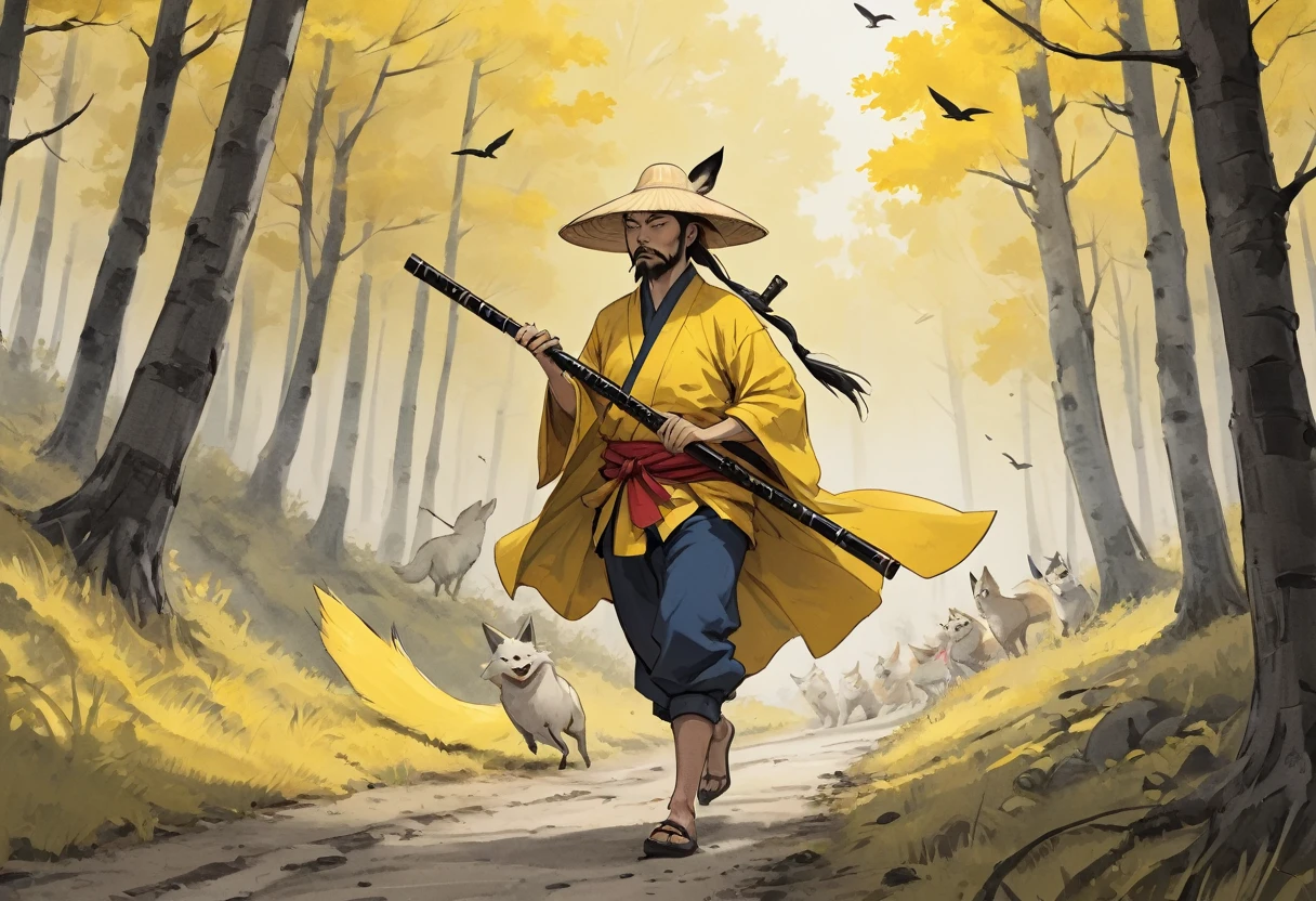 شجاع (مرجع أسلوب Usagi Yojimo في أسلوب ستان ساكاي المرسوم باليد) نزوة ونزوة المتجول شبح تسوشيما, السيف يستريح على الورك, يتجول في طريق الغابة الشاغرة, يرتدي زي مسافر أصفر وقبعة من القش رونين, العزف على مزمار شاكوهاتشي أمام الطيور الصفراء التي تحلق والثعالب الحمراء تمرح, مع تظليل سيل, تدرج الألوان الغنية, في مشهد سينمائي بلا كلمات. فحم, خطوط حبر معبرة جريئة,
