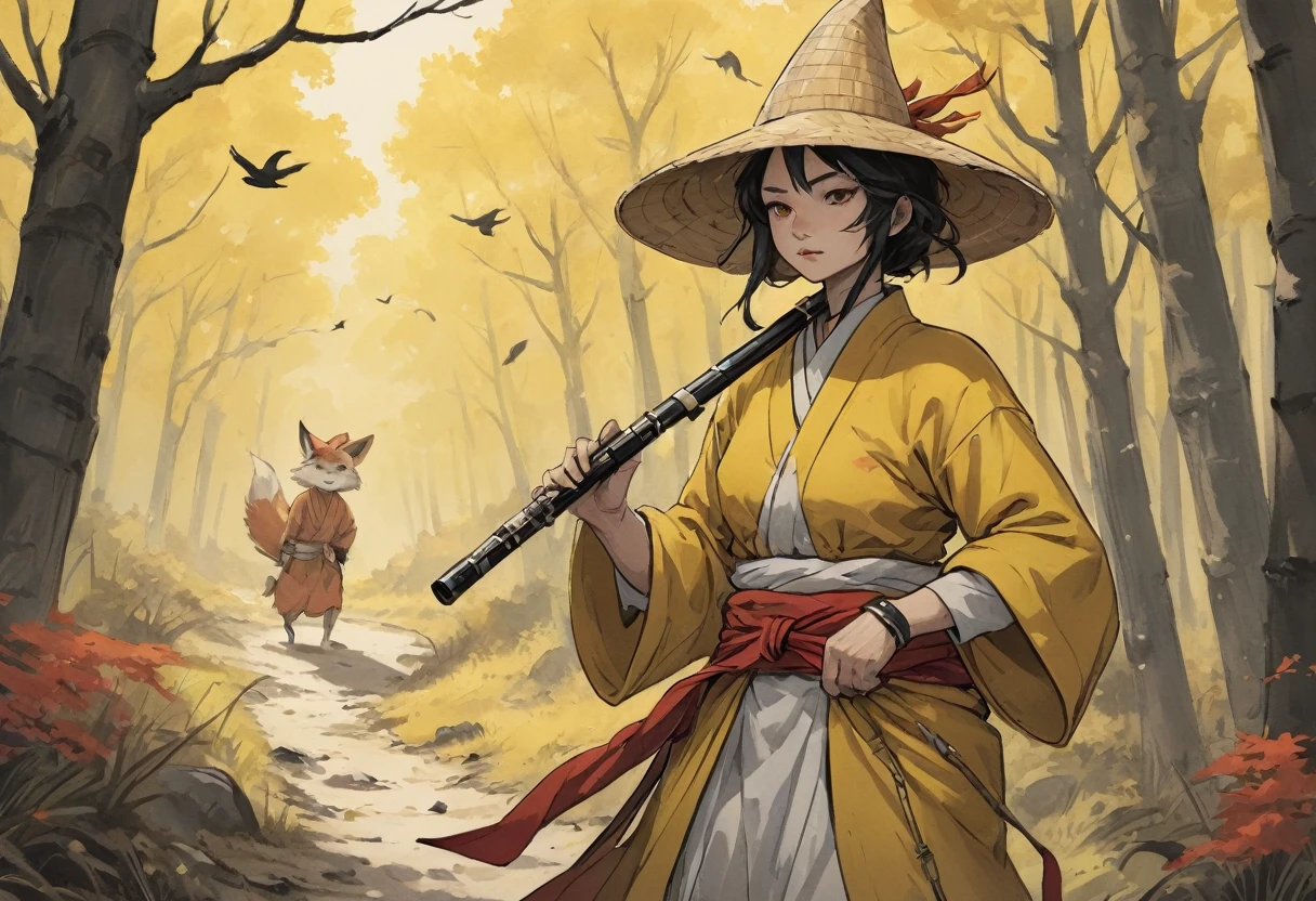 arenoso (Referencia de estilo de Usagi Yojimo en el estilo de Stan Sakai dibujado a mano) capricho y fantasía del vagabundo el Fantasma de Tsushima, espada apoyada en la cadera, vagando por un sendero forestal vacío, vistiendo un traje de viajero amarillo y un sombrero de paja ronin, tocando la flauta shakuhachi con los pájaros amarillos volando y los zorros rojos retozando, con sombreado de celdas, gradación de colores ricos, en una escena cinematográfica sin palabras. carbón, líneas de tinta expresivas y atrevidas,
