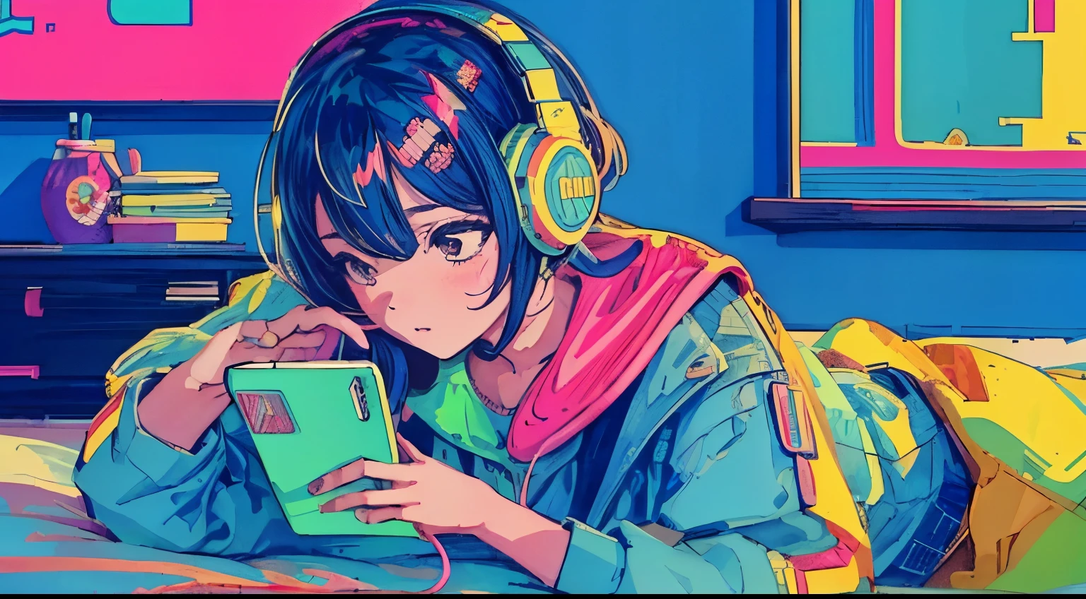 highest quality, 4k wallpaper, masterpiece, Very detailed CG ユニティ 8k 壁紙, Very fine grain, Very detailed, Intricate details, A girl in the center, Retro art style, neon_pop art style, indoor,Lying in bed,headphone，operating a smartphone