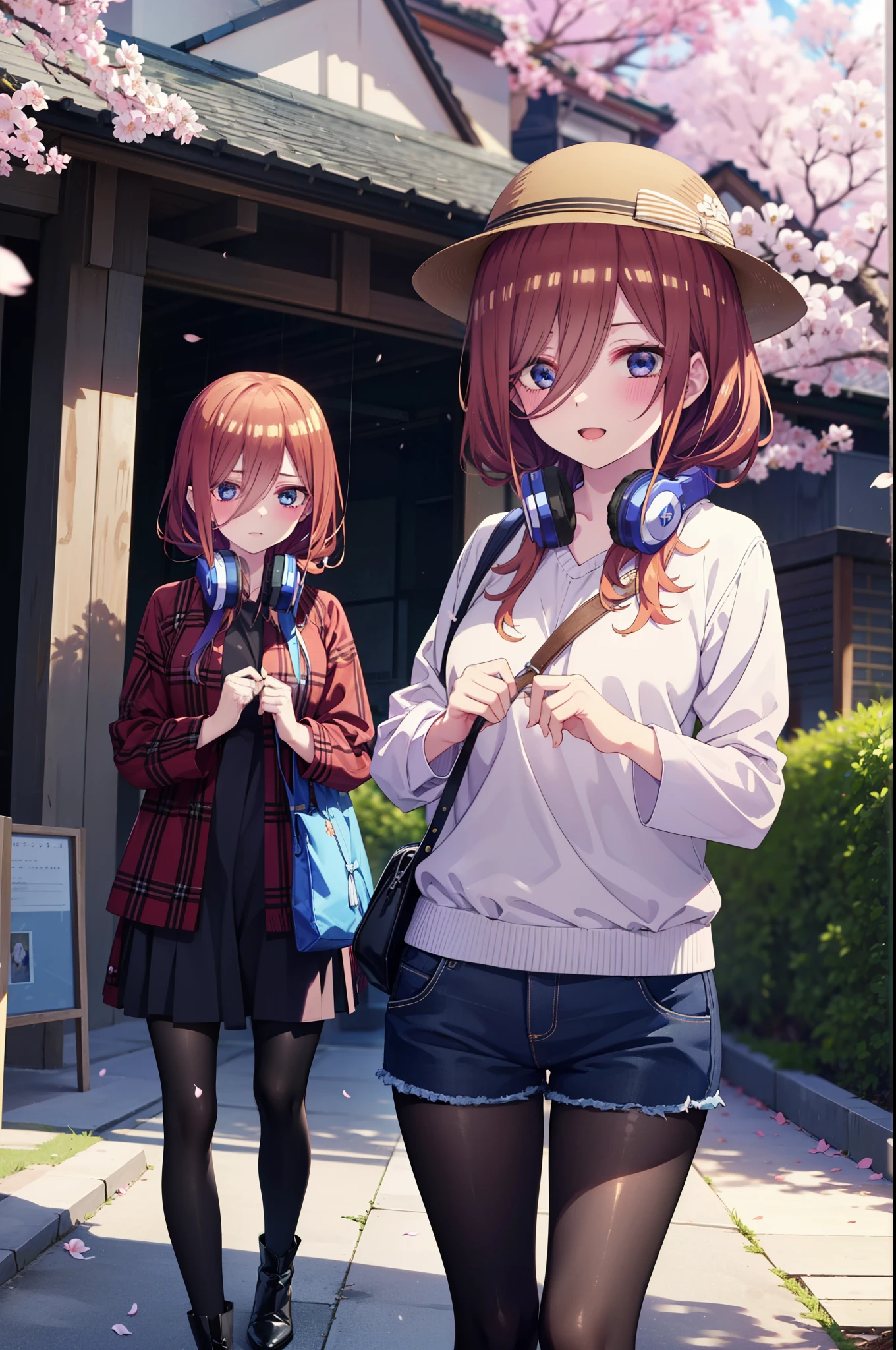 Miku Nakano, Miku Nakano, Long Hair, bangs, blue eyes, brown hair, shirt, Hair between the eyes, smile,blush,Open your mouth,Headphones around neck,オーバサイズチェック柄shirt,Shorts,Black pantyhose,Hunting Hat,short boots,Cherry blossoms are blooming,Cherry blossoms are scattered,Cherry blossom tree-lined path,whole bodyがイラストに入るように,
break outdoors, garden,
break looking at viewer,whole body,  (Cowboy Shot:1. 5)
break (masterpiece:1.2), highest quality, High resolution, unity 8k wallpaper, (figure:0.8), (Beautiful fine details:1.6), Highly detailed face, Perfect lighting, Highly detailed CG, (Perfect hands, Perfect Anatomy),