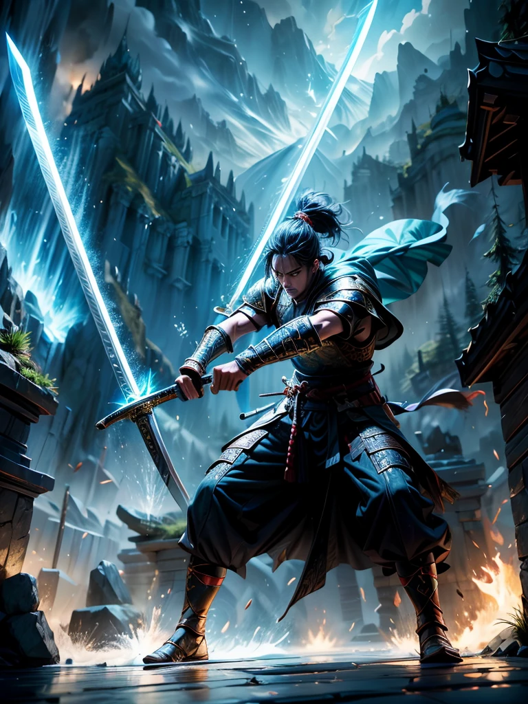 (best quality, highres),detailed swordsman, vibrant colors, intense action, dynamic poses, shiny swords, flowing robes, epic battle, dramatic lighting, fantasy setting, magical atmosphere, cinematic feel, masterful technique, intricate details, heroic warriors, immersive world, ancient weapons, fierce determination, extraordinary skills, mystical powers, legendary hero, captivating narrative, breathtaking scenery, legendary creatures, artistic composition, iconic moments, dramatic poses, mystical aura, intense combat, battle-tested warrior, legendary sword.