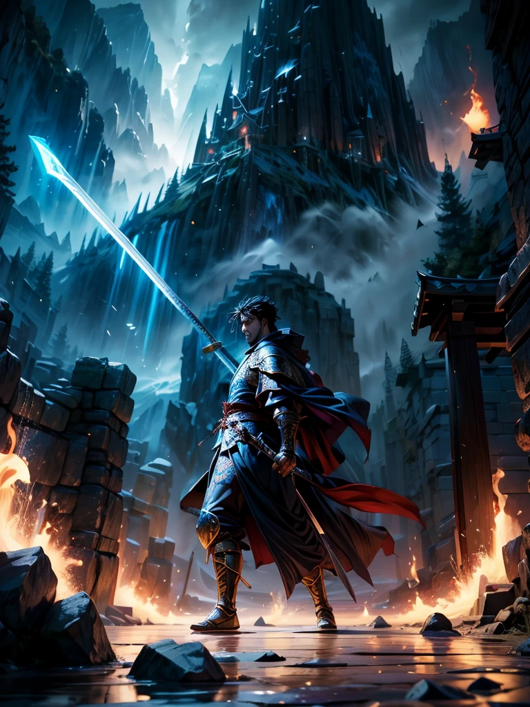 (best quality, highres),detailed swordsman, vibrant colors, intense action, dynamic poses, shiny swords, flowing robes, epic battle, dramatic lighting, fantasy setting, magical atmosphere, cinematic feel, masterful technique, intricate details, heroic warriors, immersive world, ancient weapons, fierce determination, extraordinary skills, mystical powers, legendary hero, captivating narrative, breathtaking scenery, legendary creatures, artistic composition, iconic moments, dramatic poses, mystical aura, intense combat, battle-tested warrior, legendary sword.